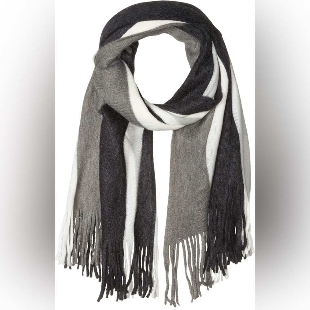 Steve Madden Oversized Black, White, and Gray Fringed Scarf